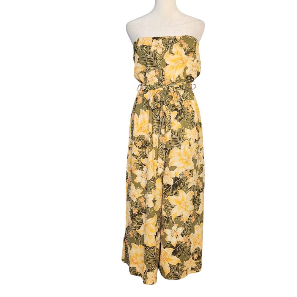 Blu Pepper Strapless Jumpsuit Small Wide Leg Crop Green Yellow Tropical Vacation